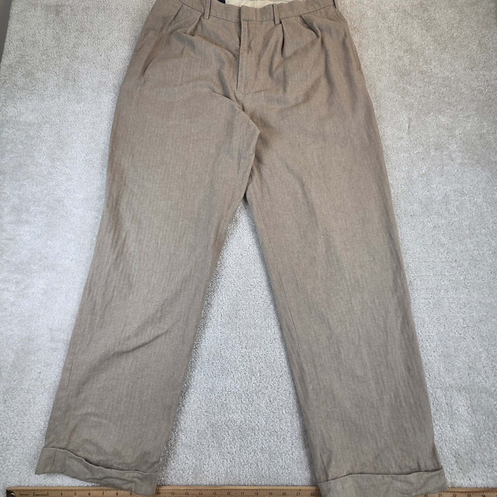 VTG Polo Ralph Lauren Men's Pants Pleated Cuffed Tan Herringbone 35x31 Cotton - Picture 1 of 10